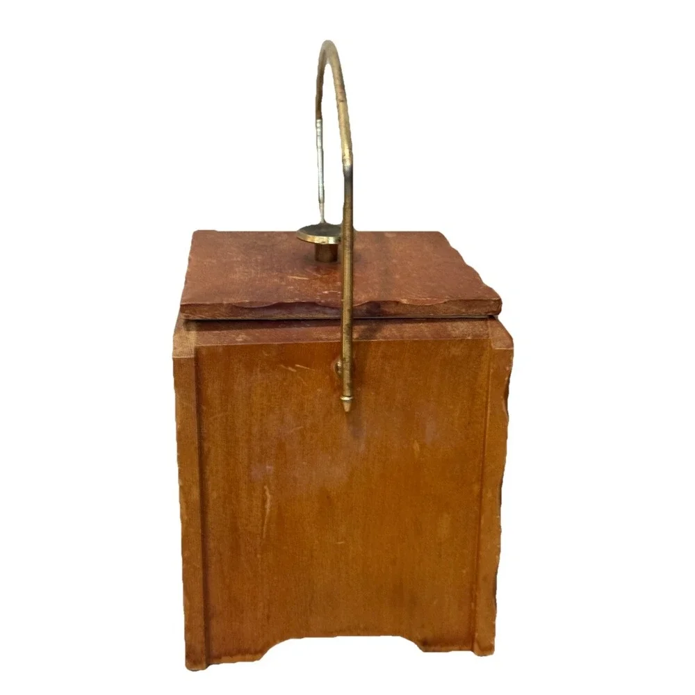 Vintage Wood Ice Bucket with Top Lid Wooden metal handle Eagle Stars Gold Accent